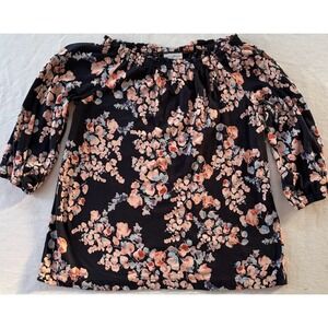J. Jill Women Black Floral Boat Neck Blouse 3/4 Sleeve XS Boho Peasant Feminine